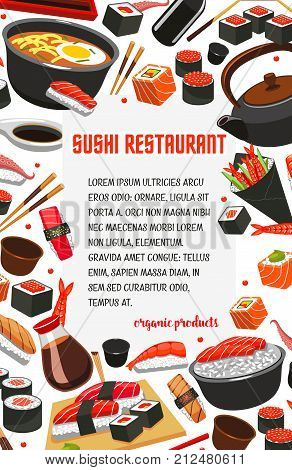 Sushi restaurant poster of Japanese cuisine food. Vector seafood sushi rolls, ramen noodles and salmon sashimi or eel unagi maki and miso soup, shrimp tempura and teapot or chopsticks