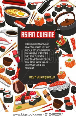 Asian cuisine or Japanese restaurant poster template for sushi rolls bar menu. Vector design of chopsticks tuna sashimi or eel unagi maki, Philadelphia sushi with salmon, rice and seaweed nori