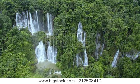 hi Lo Su Waterfall in Thailand. It is a beautiful and wonderful nature.Green tree on the mountain. Aerial view. Top view. Background .amazing .Popular Travel and Adventure Destinations in the Jungle.