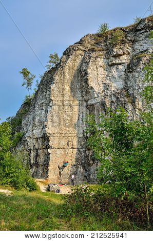 KRAKOW, POLAND - AUGUST 27, 2017: Rocks of Twardowski at the lagoon of Zakrzowek in Krakow, Poland.