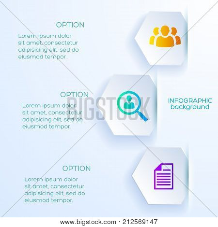 Paper background on subject of business infographic with hexagon bookmarks and text columns flat vector illustration