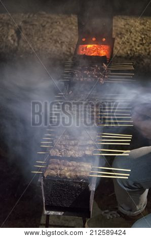 View of arrosticini a specialty of Italy