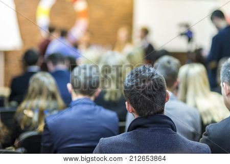 Mediation at The Round Table.Group of Professional Mediators Presenting at the Round Table on Stage Before the Audience. Horizontal Image