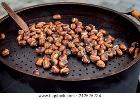 Roasted Chestnuts For Sale On A Market