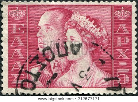 GREECE - CIRCA 1956: Postage stamps printed in Greece, shows King Paul I and Queen Frederica, circa 1956