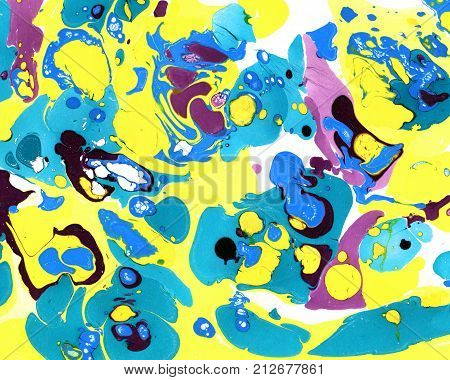 Abstract marbling ebru colorful background with yellow, purple, green blots and splashes, handmade illustration. Beautiful brightly colored handmade background with marbling, ebru effect