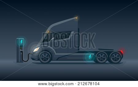 Dark Modern Futuristic Electric Semi Truck Charging At Charger Station
