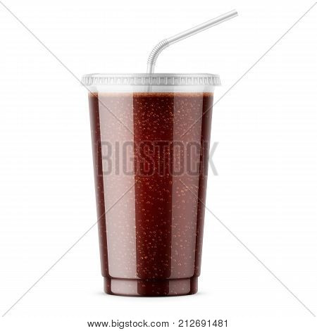 Clear plastic disposable cup with flat lid and drinking straw. Filled with soda. 450 ml. Realistic packaging mockup template. Front view. Vector illustration.