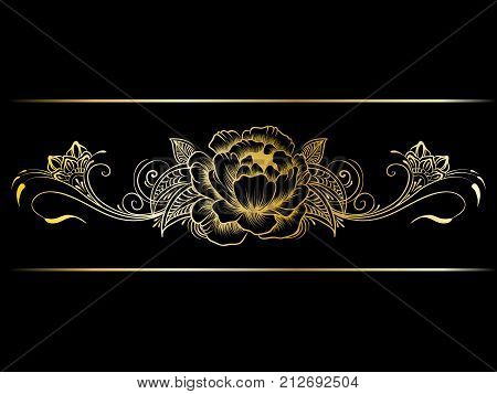 Gold indian line art border in mehendi ethnic style on a black background