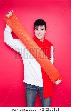 man show couplets with chinese new year on red background