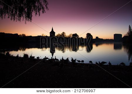 Bluehour morning over the pond in pilldammsparken i Malmö