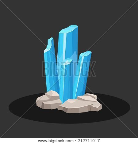 Crystals of blue aquamarine stone on a black background. Vector illustration.