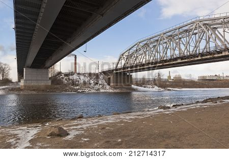 Two bridges over the river Sukhona in Sokol, Vologda region of Russia