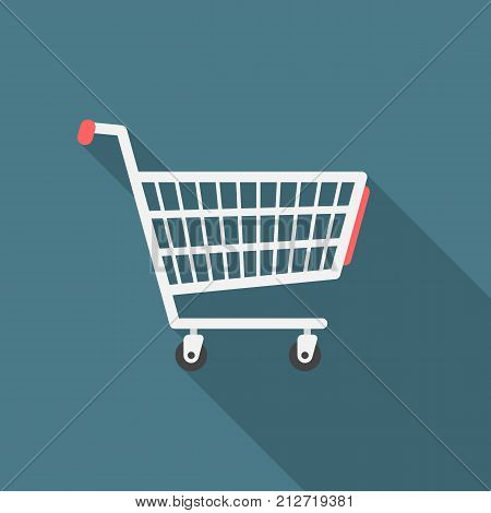 Shopping cart icon with long shadow. Flat design style. Shopping cart simple silhouette. Modern minimalist icon in stylish colors. Web site page and mobile app design vector element.