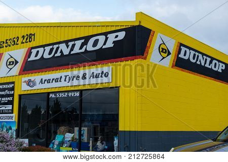 Ararat, Australia - October 21, 2017: Dunlop is a tyre brand owned by Goodyear Tire and Rubber Company. This Dunlop store is in Ararat.