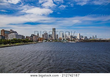 The Yokohama waterfront skyline seen from Tokyo Bay