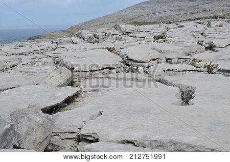 Rocky beautiful landscape in burren with water in the distance