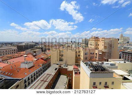 Wide angle aerial view of Madrid City skyline, from top of Circulo de Bellas Artes, Madrid, Spain.