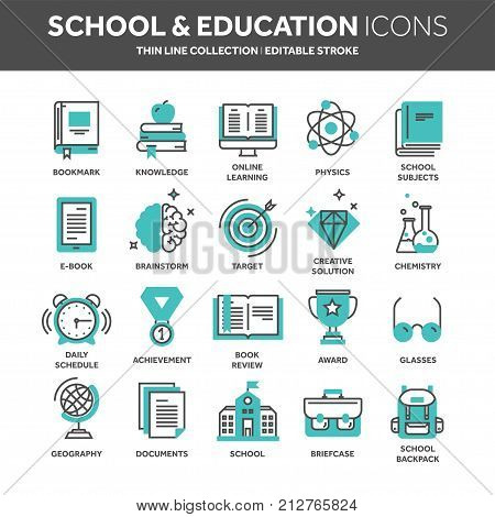 School education, university. Study, learning process. Oline lessons, tutorial. Student knowledge. History book.Thin line web icon set. Outline icons collection.Vector illustration.