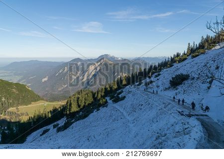 Panoramic view from Herzogstand with the mountainscape in the background.