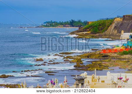 The old Cemetery at San Juan at Puerto Rico and view of the ocean