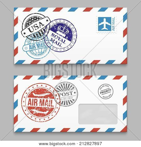 Set of letters design - envelopes with grunge style poststamps. Vector illustration