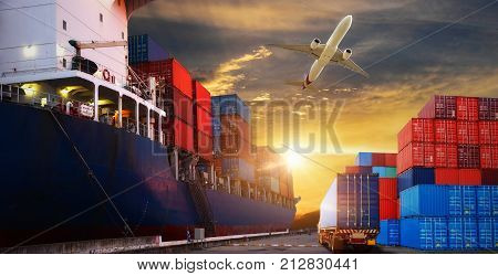 Logistics And Transportation Of Container Cargo Ship And Cargo Plane With Working Crane Bridge In Sh