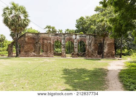 Detail of abandoned half-ruined medieval temple in India Tamil Nadu