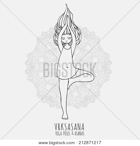 Cute girl doing yoga. Yoga poses and asanas in hand-drawn style. Woman fitness and relaxation, doodle vector illustration. Yoga woman poses, isolated on white background.