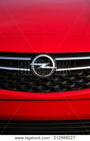 Prague, Czech Republic - November 5: Opel Company Logo On Car In Front Of Dealership Building On Nov