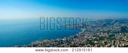 Aerial panoramic view to Jounieh city and bay from Harissa mountain Lebanon