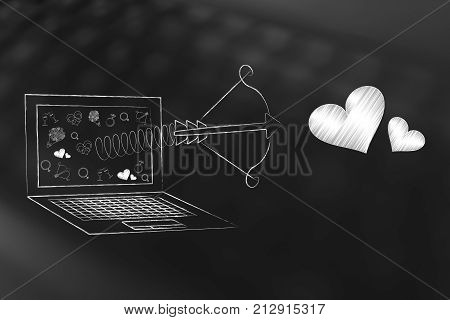 Online Dating Laptop With Cupid's Bow And Lovehearts Flying Out Of The Screen