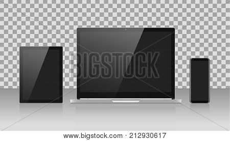 Realistic Computer Laptop Tablets and Smartphone with Black Screen Isolated. Can Use for Template Presentation or Banner. Electronic Gadgets Device Set Mock Up. Easily Editable Vector Illustration.