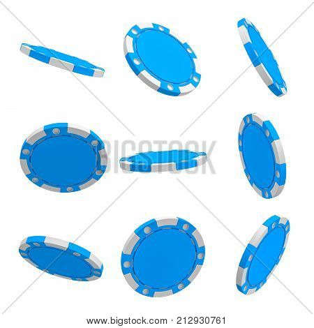 3d rendering of many blue casino chips hanging on a white background in different angles. Low stakes. Casino and poker tokens. Gambling spree.