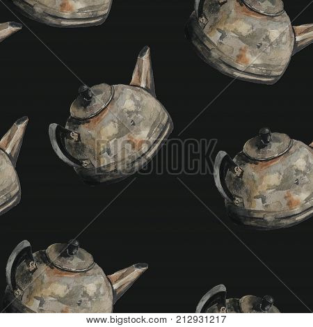 Watercolor hand painted seamless pattern with teapot. Kettle hand drawn illustration isolated on black