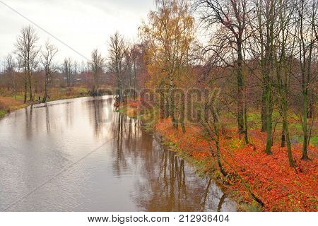 View of the river Slavyanka at autumn at cloud day Russia.