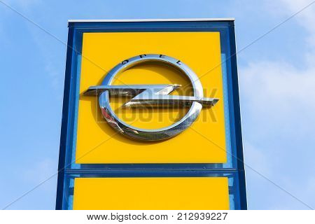 Prague, Czech Republic - November 5: Opel Company Logo On Car In Front Of Dealership Building On Nov