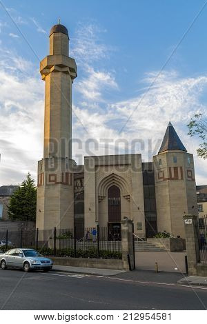 EDINBURGH. SCOTLAND - 26th May 2017 - Edinburgh central mosque officially known as King Fahd Mosque and Islamic Centre of Edinburgh. Large Hall can hold over 1000 worshippers