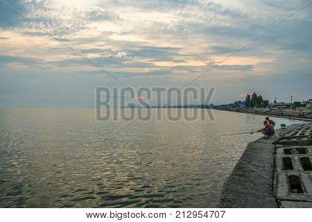 Evening on the coast of the Berdyansk Bay in the Sea of Azov. City of Berdyansk Zaporozhye region Ukraine. August 2009