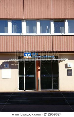 NIEDER-OLM, GERMANY - OCTOBER 14: The facade and logo of the Volksbank Mainz a Financial Building on October 14, 2017 in Nieder-Olm.