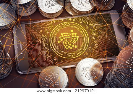 Smartphone with IOTA on-screen among piles of IOTA coins. IOTA in danger concept. 3D rendering