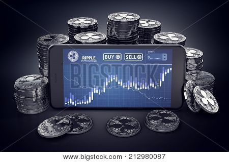 Smartphone with Ripple trading chart on-screen among piles of silver Ripple coins. Ripple coin trading concept. 3D rendering