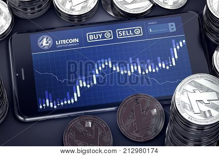 Smartphone with Litecoin trading chart on-screen among piles of silver Litecoins. Litecoin trading concept. 3D rendering
