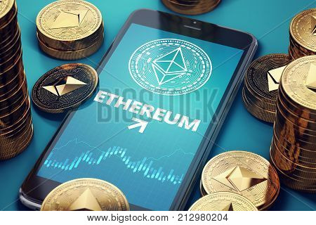 Smartphone with Ethereum growth chart on-screen among piles of golden Ethereum coins. ETH growth concept. 3D rendering