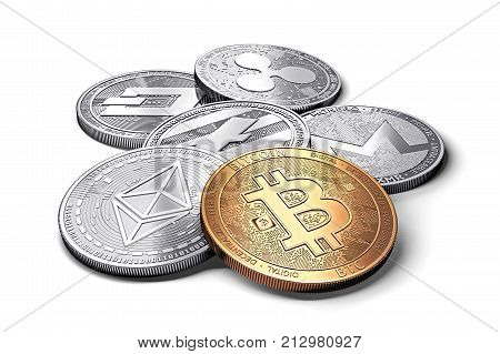 stack of cryptocurrencies: bitcoin ethereum litecoin monero dash and ripple coin together isolated on white 3D rendering