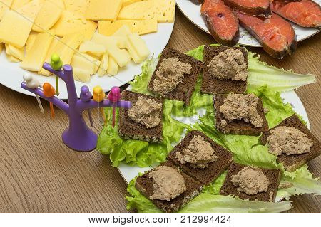 Ingredients for canape preparation, top view, canape decoration stick, accessory for decorating a dish when serving a table