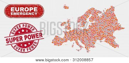 Vector Composition Of Firestorm Europe Map And Red Rounded Grunge Super Power Seal. Emergency Europe