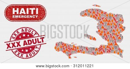 Vector Composition Of Firestorm Haiti Map And Red Rounded Grunge Xxx Adult Seal. Emergency Haiti Map
