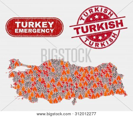 Vector Composition Of Hazard Turkey Map And Red Rounded Distress Turkish Seal Stamp. Emergency Turke