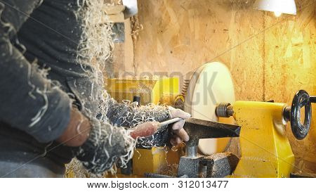 Carpenter Cuts Wood By Graver. Woodworker Handles Wood By Bench. Making Beautiful Wooden Handmade Di
